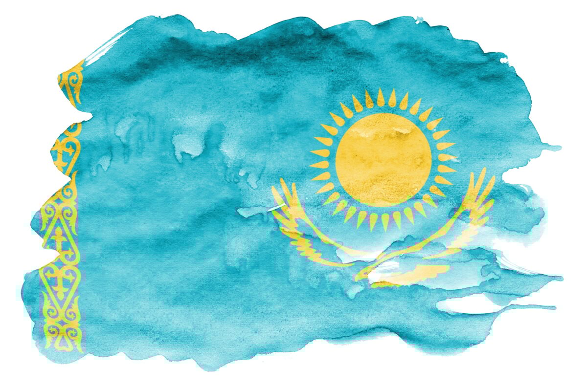 Kazakhstan flag is depicted in liquid watercolor style isolated on white background